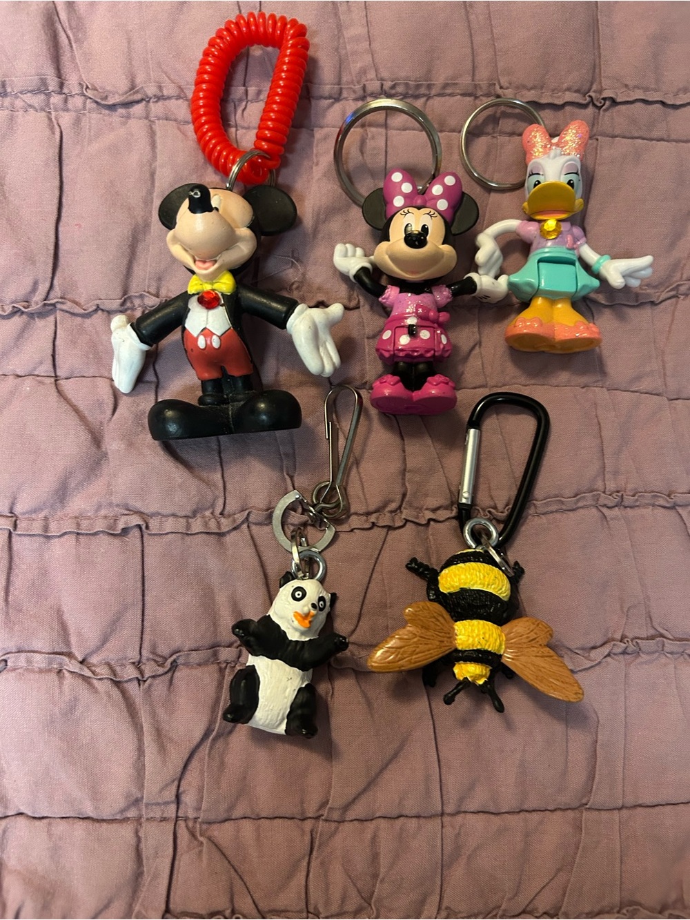 Five Disney Character Keychain Set - Pink, Blue, Red, Yellow